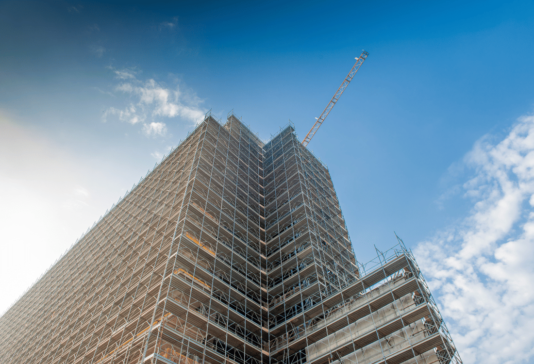 Scaffolding being errected on a building which is being renovated.